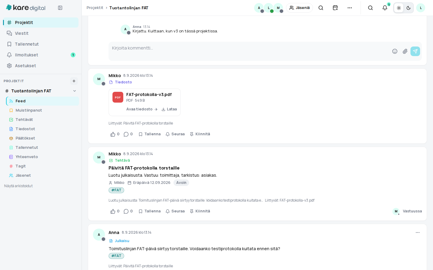 Feed-julkaisu, tehtävä ja tiedosto samassa projektinäkymässä.