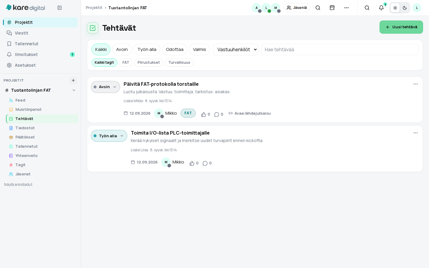 Projektin tehtävät, mukaan lukien FAT-protokollan päivitys.